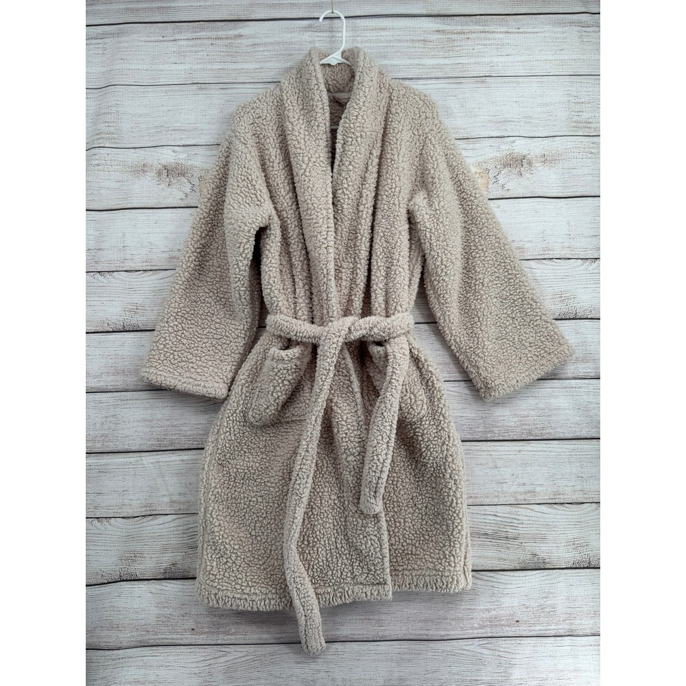 Pottery Barn Robe Womens Medium Tan Teddy Sherpa Fleece Belted Pockets